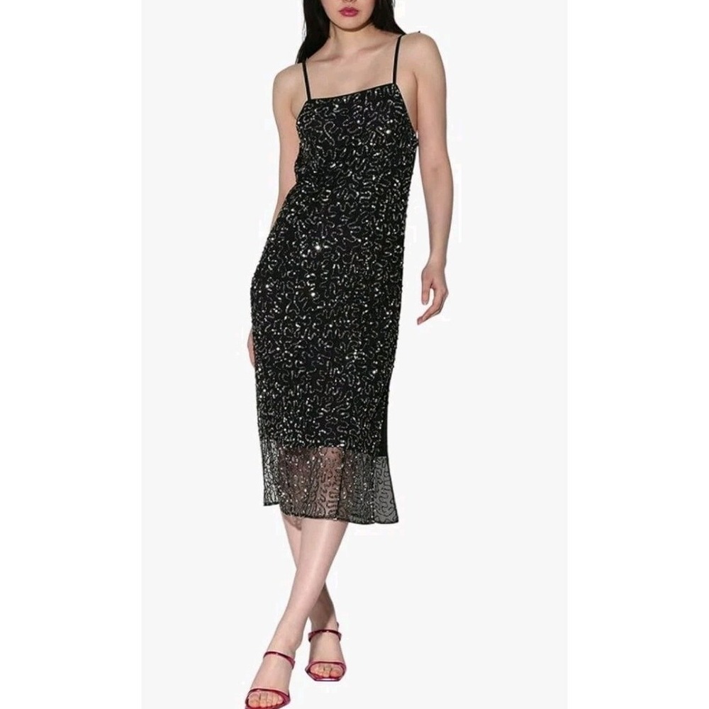 Walter Baker Tori Sequin Midi‎ Slip Dress In Black Size 6 NWT